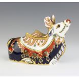 A Royal Crown Derby Imari pattern paperweight of a reindeer with silver stopper 10cm