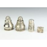 A pair of Peruvian silver baluster peppers, a conical ditto and a trinket chest, 114 grams