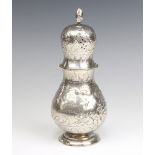 A 19th Century Danish repousse silver shaker decorated with angels with inscription, 225 grams, 20cm