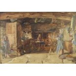 Victorian watercolour unsigned, a cottage interior with figures 42cm x 61cm