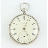 A silver keywind pocket watch with seconds at 6 o'clock, the dial numbered 44560