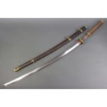 A Katana sword with bronze Tsuba, tang with 3 figure signature and 78cm blade with metal and gilt