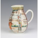An 18th Century Chinese famille rose baluster jug decorated with figures in a pavillion garden