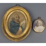 19th Century oval miniature print of a gentleman, 9cm x 7cm, a framed photograph of a young girl 6cm