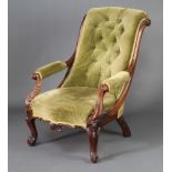 A William IV mahogany show frame armchair upholstered in green buttoned dralon, raised on cabriole