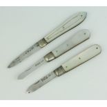A silver and mother of pearl fruit knife Birmingham 1862, 2 others