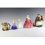 A Royal Doulton character jug The Poacher 11cm and 4 Royal Doulton figures - Marie HN1370 15, Stayed