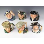 Six Royal Doulton character jugs - The Lobster Man D6617, Robin Hood D6527, The Poacher D6429,