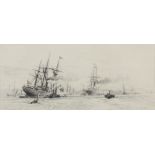 William Lionel Wylie (1851-1931) etching "Naval Engagement", 15.5cm x 30cm