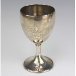 An engraved silver goblet shaped trophy cup, London 1910, 366 grams, engraved, marks rubbed