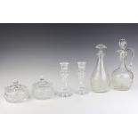 An etched glass club shaped decanter and stopper 24cm, a cut glass ewer and stopper 27cm (chips to