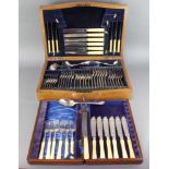 A part canteen of plated cutlery contained in a serpentine mahogany case and a cased set of minor