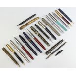 A Mentmore 46 fountain pen, a Summit fountain pen (f), a blue Hema 56 ditto (f), a marble Waterman