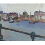 Early 20th Century oil on board, indistinctly signed, "The Thames at Putney", label on verso 35cm