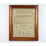 Sampler, 19th Century alphabets and verse enclosed in a formal floral border with birds and vases of