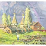20th Century Russian, oil on canvas indistinctly signed, a young man before farm buildings with