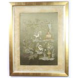 A Victorian stitch work panel depicting fabulous birds by a pagoda 72cm x 20cm contained in a gilt