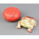 A Oriental carved hardstone figure of a toad 4cm x 8cm x 6cm and a cylindrical cinnabar lacquer