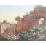 19th Century watercolour, unsigned, figures before ruins with a distant townscape 19cm x 24cm