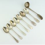 Four Georgian Old English pattern silver teaspoons, ditto fiddle pattern teaspoon and 2 Victorian,