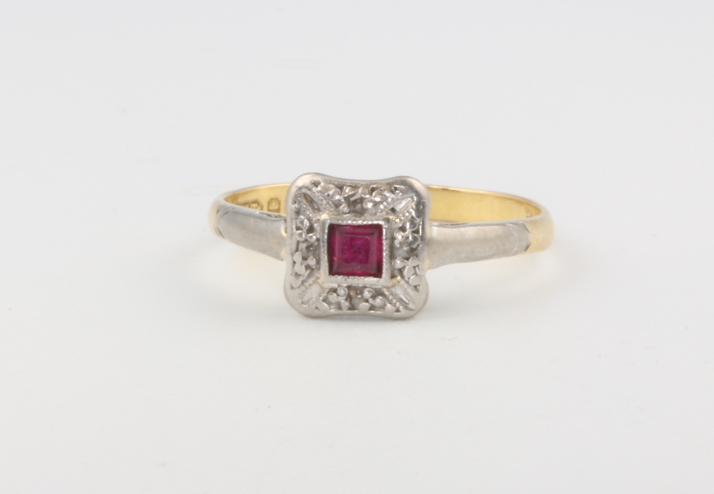 An 18ct yellow gold ruby and diamond Art Deco style ring, size N, 2.7 grams