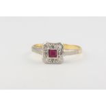 An 18ct yellow gold ruby and diamond Art Deco style ring, size N, 2.7 grams