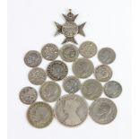 A silver school attendance medal together with a collection of minor silver UK coins, 51 grams