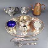A silver plated oval galleried tray and minor plated wares