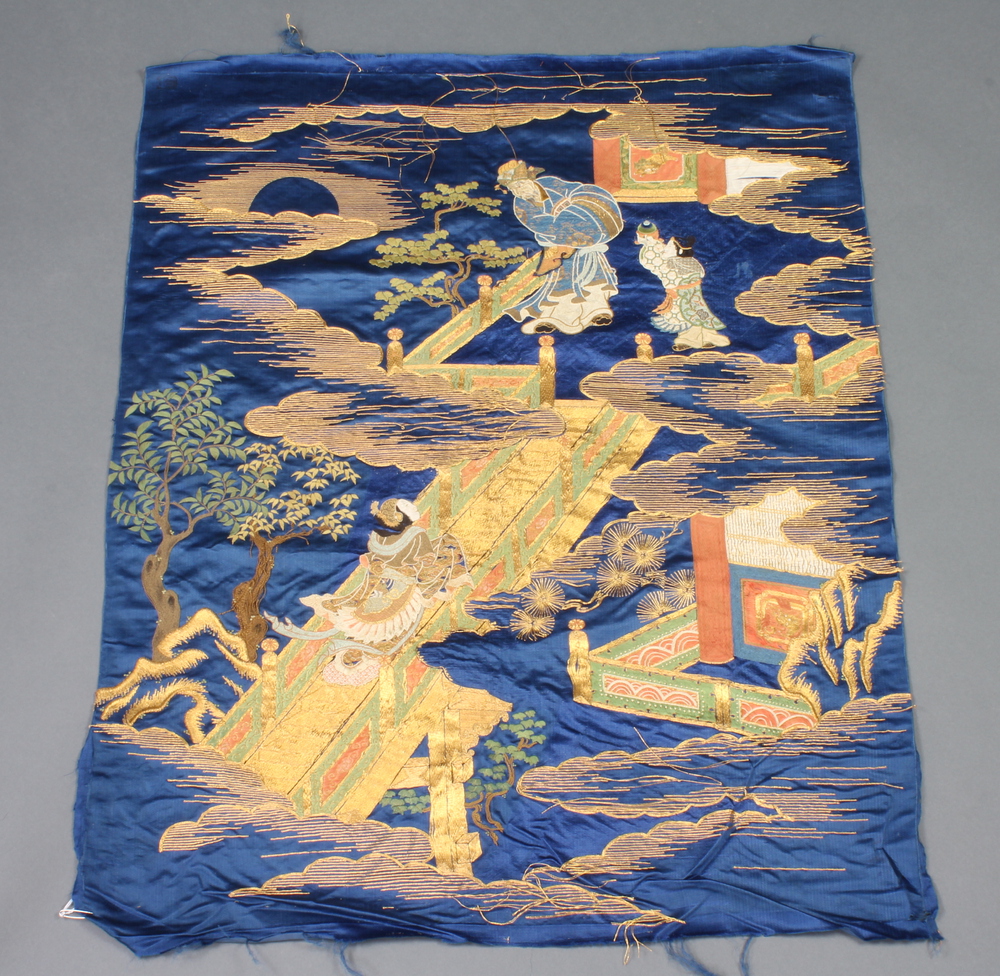 A section of Chinese silk embroidered panel depicting figures 81cm x 66cm Some threads are loose and
