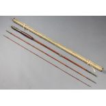A vintage split cane 3 piece 10'6" fly fishing rod, contained within a full length rod splint