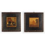 A pair of A J Rowley parquetry panels "Golden Stacks" and "Clipped Yews" 34cm x 34cm, both have