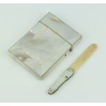 A Victorian mother of pearl card case 9cm x 7cm together with a Victorian folding pen knife/letter