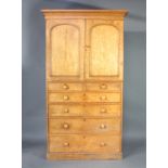 A Victorian birdseye maple linen press with moulded cornice, fitted 2 trays enclosed by panelled