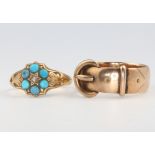 A 9ct yellow gold buckle ring size Q and a yellow gold turquoise ring size J, 5 grams gross