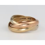 A 9ct 3 colour yellow gold Russian wedding band, size G, 3 grams