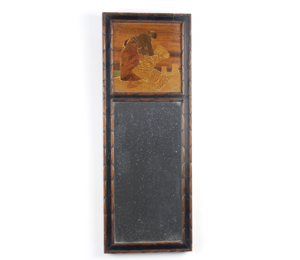 A J Rowley, a rectangular plate mirror contained in an oak and parquetry frame "Binding", the