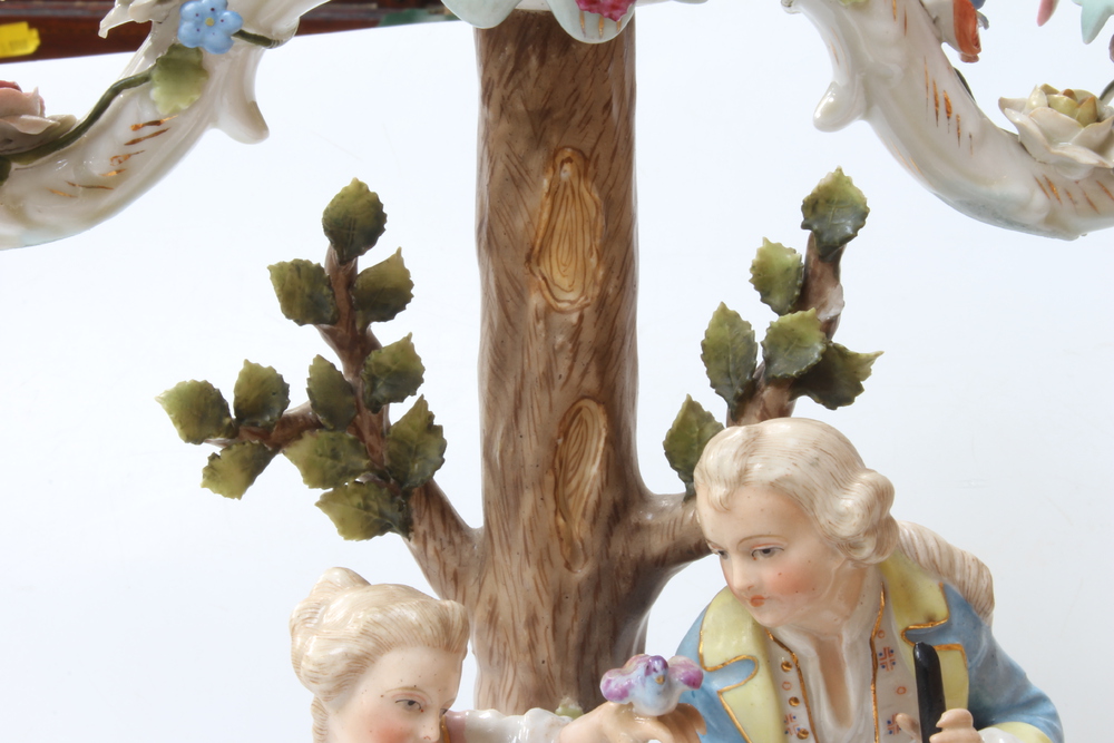 A pair of Sitzendorf 3 light candelabra decorated with figures beneath trees, raised on rococo bases - Image 5 of 8