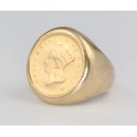 A 9ct yellow gold 1 dollar set signet ring, size H, 10 grams