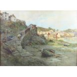 Tom Clough, watercolour signed west country harbour scene with figures, moored boats and vessels,