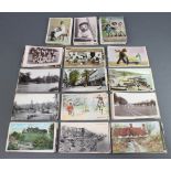 A collection of black and white and coloured postcards