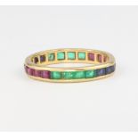 An 18ct yellow gold ruby, sapphire and emerald band, size L 1.9 grams