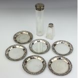 An Edwardian silver mounted toilet jar London 1910, 1 other and 6 silver plated coasters