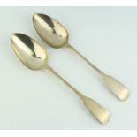 A pair of George III silver fiddle pattern table spoons, London 1785, 123 grams