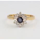 An 18ct yellow gold sapphire and diamond cluster ring size L, 3.4 grams
