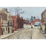 Francis Cox '48, oil on board signed, impressionist street scene, 45cm x 62cm