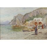 Tom Clough, watercolour signed and inscribed "Capris" figures on a harbourside 44cm x 64cm