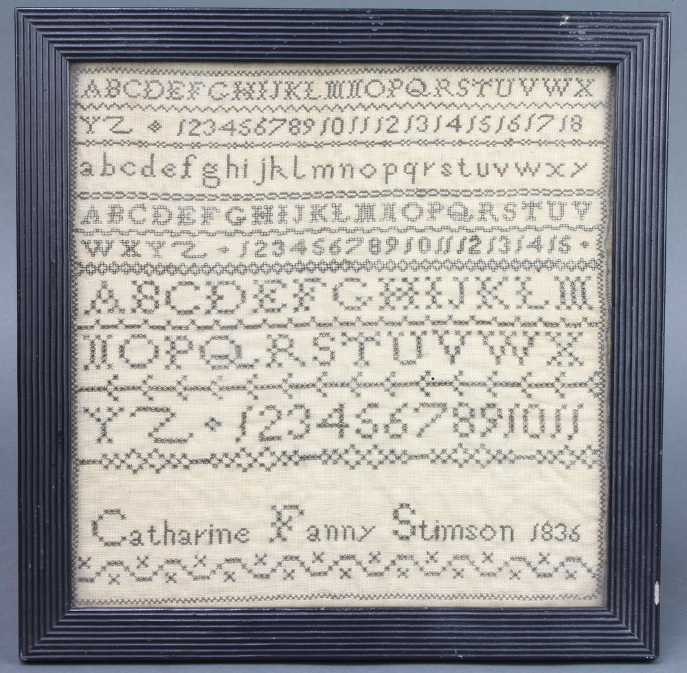 19th Century sampler, alphabets and numbers, Katherine Fanny Stimson 1836, 20.5cm x 20cm