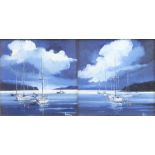 Alan King, oils on board a pair, signed, maritime studies "Sunlit Mooring" and "Sunlit Anchorage"