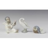 A Lladro figure of a seated goose and goslings in a basket, base marked 4895 9cm, ditto standing