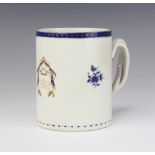 An 18th Century Chinese blue and white mug with armorial and entwined handle 11cm
